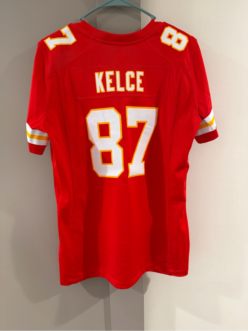NFL women’s Red Kelce #87 Football Jersey with White & Gold Accents